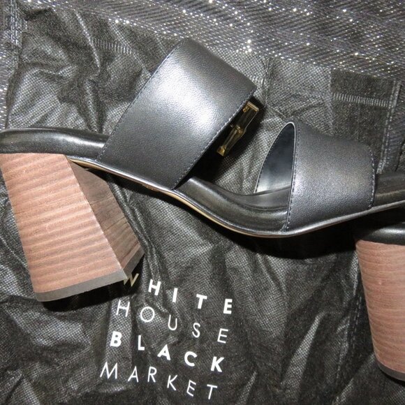 White House Black Market Bamboo Buckle Leather Mid-Heel Sandal size 7 Black NWT - Picture 8 of 16